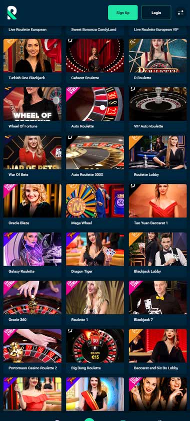 Rolletto Casino mobile live casino screenshot showing real-dealer tables including roulette, blackjack and baccarat on smartphone interface - tested