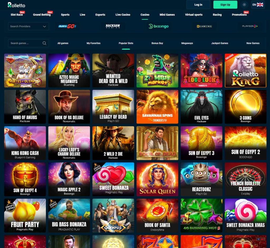 Rolletto Casino desktop slots screenshot showing slot game categories, featured titles and filtering options - tested