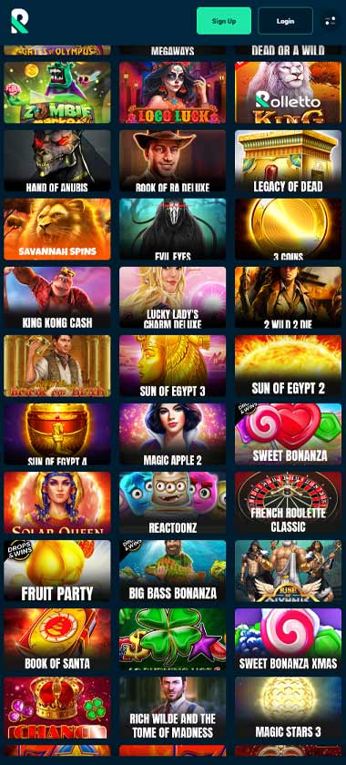 Rolletto Casino mobile slots screenshot showing slot game categories, featured titles and navigation on smartphone interface - tested