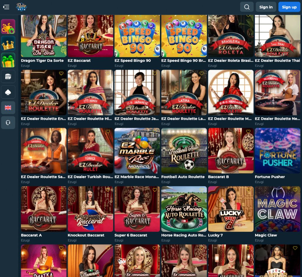 Rolly Spin desktop live casino screenshot showing real-dealer tables including roulette, blackjack and baccarat with lobby navigation - tested
