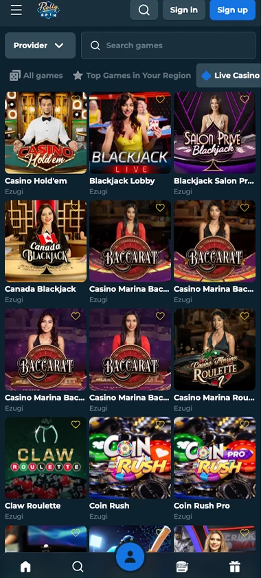 Rolly Spin mobile live casino screenshot showing real-dealer tables including roulette, blackjack and baccarat on smartphone interface - tested