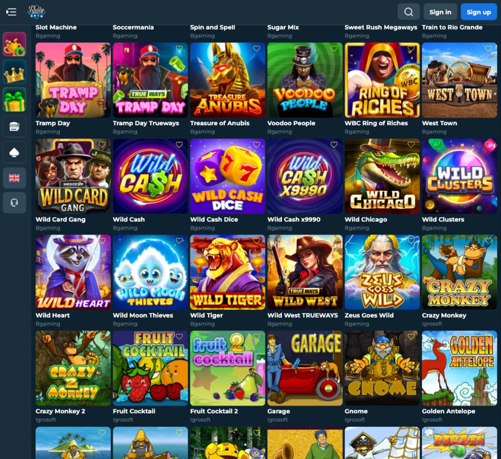 Rolly Spin desktop slots screenshot showing slot game categories, featured titles and filtering options - tested