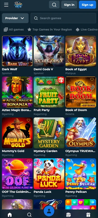 Rolly Spin mobile slots screenshot showing slot game categories, featured titles and navigation on smartphone interface - tested
