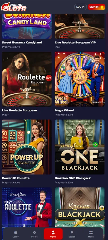 Slota Casino mobile live casino screenshot showing real-dealer tables including roulette and blackjack with compact lobby layout - tested