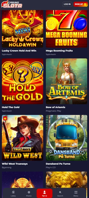Slota Casino mobile slots screenshot showing slot game thumbnails, categories and mobile navigation layout - tested