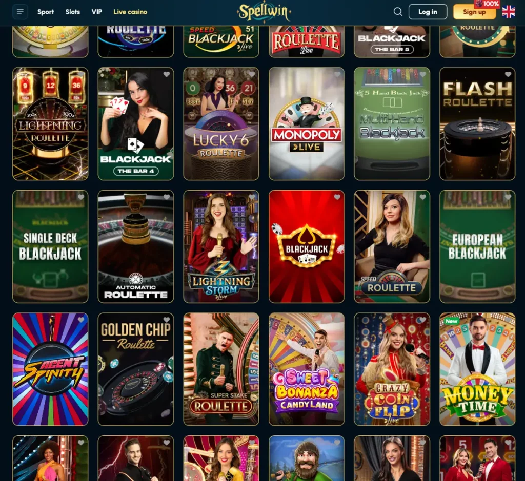 Spellwin Casino desktop live casino screenshot displaying real-dealer tables including roulette, blackjack and baccarat with lobby navigation - tested