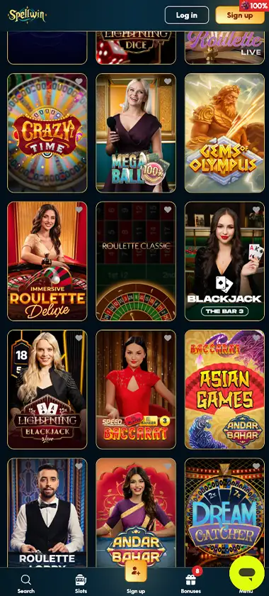 Spellwin Casino mobile live casino screenshot showing real-dealer tables including roulette and blackjack with compact lobby layout - tested