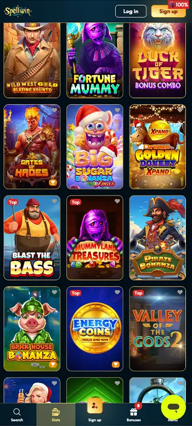 Spellwin Casino mobile slots screenshot showing slot game thumbnails, categories and mobile navigation layout - tested