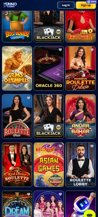 Trino Casino mobile live casino screenshot showing real-dealer tables including roulette and blackjack with compact lobby layout - tested