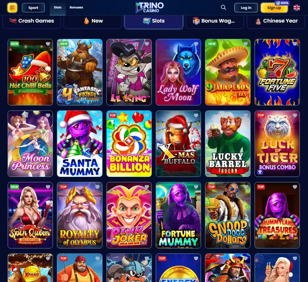 Trino Casino desktop slots screenshot showing slots variety with featured games, categories and filtering options - tested
