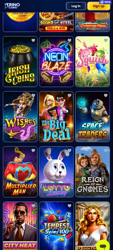 Trino Casino mobile slots screenshot showing slot game thumbnails, categories and mobile navigation layout - tested
