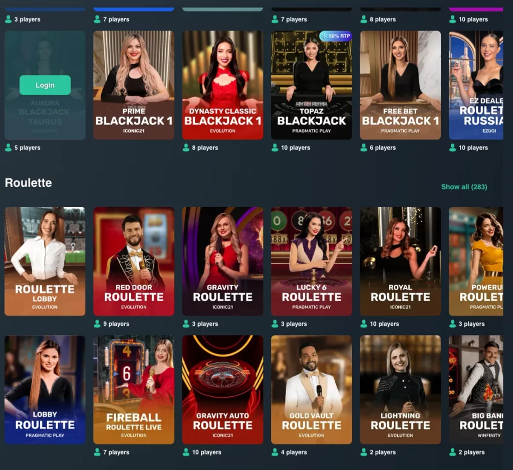 Vave Casino desktop live casino screenshot displaying real-dealer tables including roulette, blackjack and baccarat with lobby navigation - tested