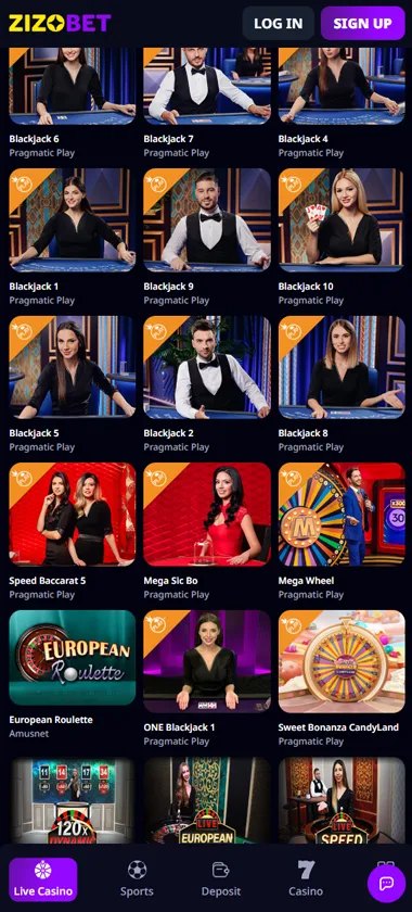 Zizobet Casino mobile live casino screenshot showing real-dealer tables including roulette and blackjack with compact lobby layout - tested