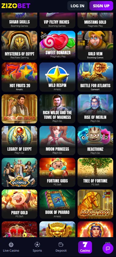 Zizobet Casino mobile slots screenshot showing slot game thumbnails, categories and mobile navigation layout - tested