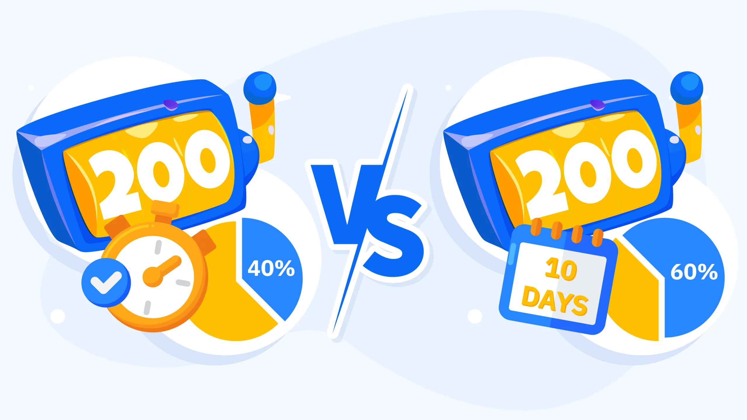 Side-by-side timeline comparison showing instant 200 free spins release versus 10-day batched distribution of 20 spins per day with pros and cons