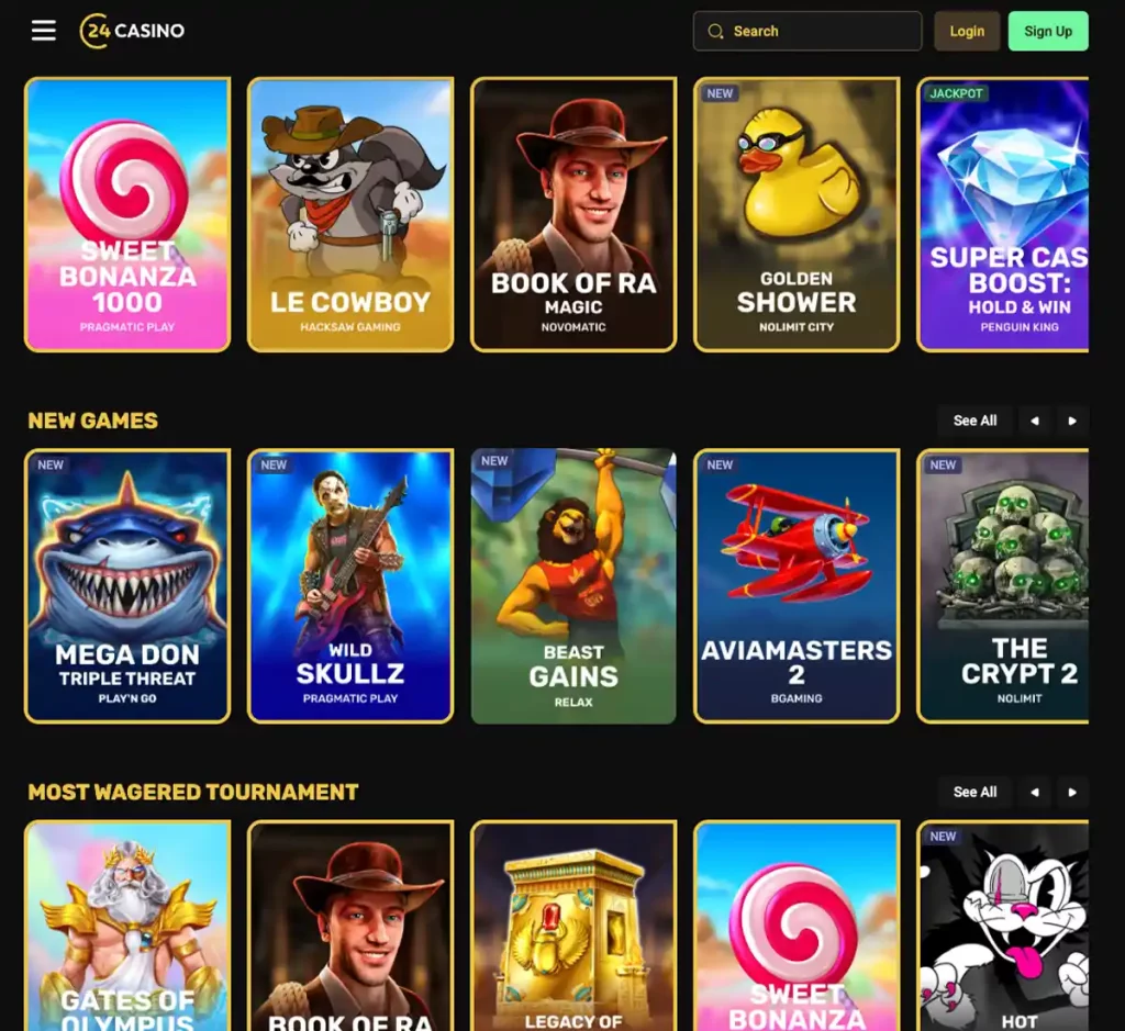 24Casino desktop home page screenshot showing main navigation, featured games and promotional banners - tested