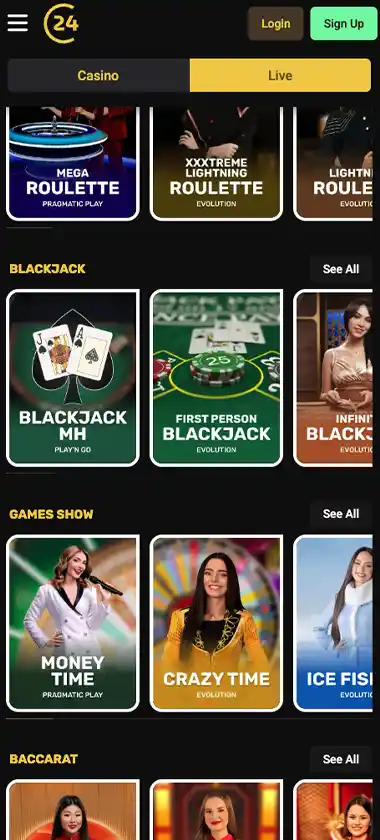 24Casino mobile live dealer games collection screenshot displaying available live tables and categories - tested