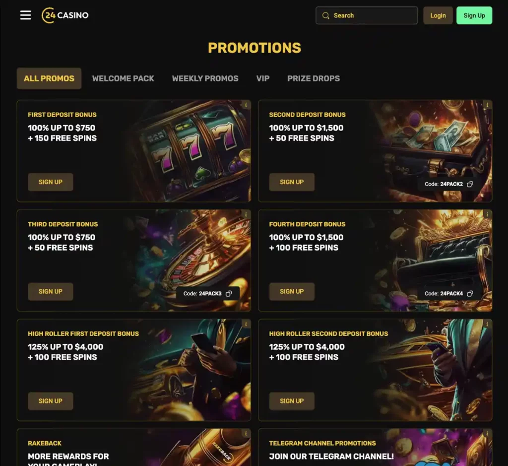24Casino desktop promotions page screenshot showing available bonuses, special offers and promotional deals - tested