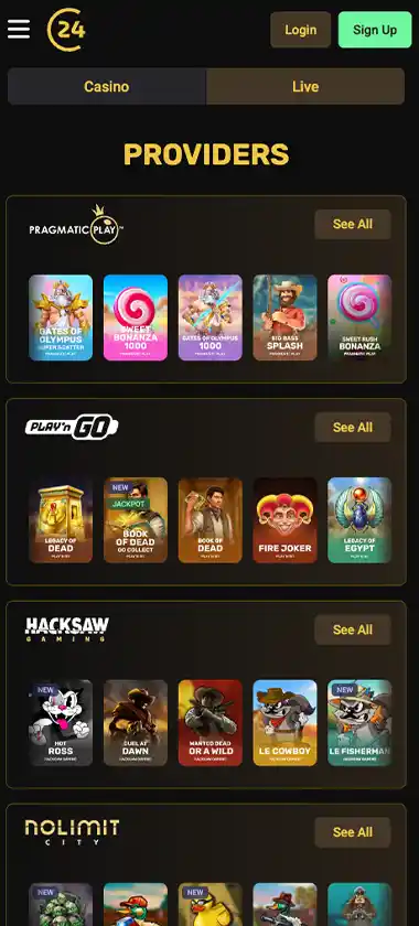 24Casino mobile game providers screenshot showing available software providers, developer logos and provider filtering options - tested
