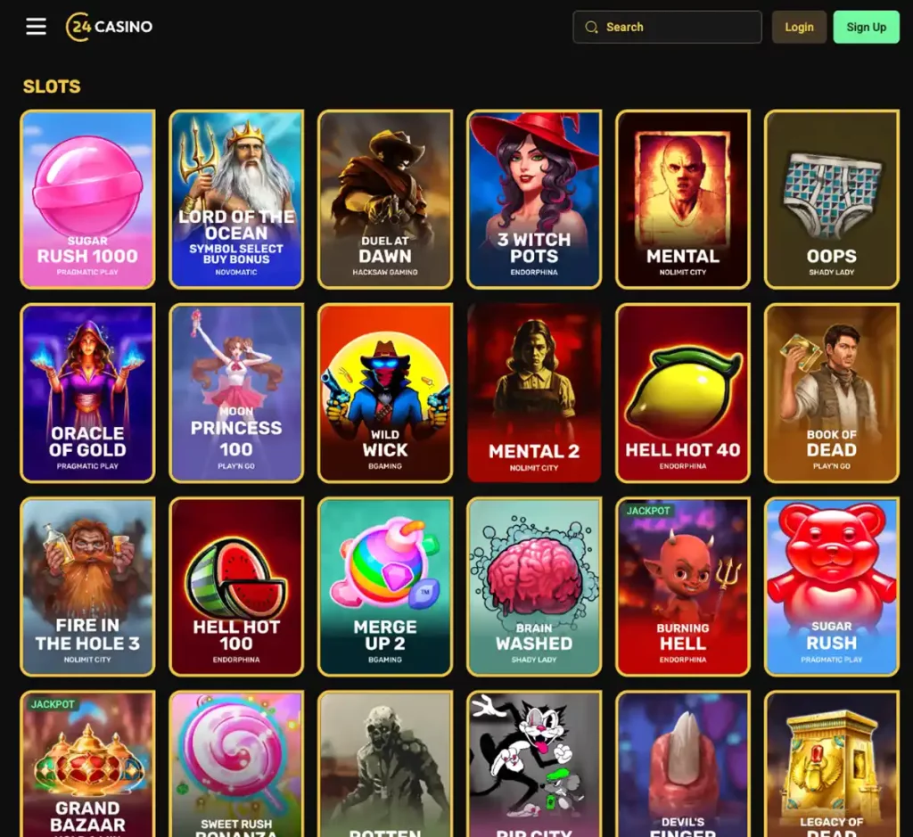 24Casino desktop slots variety screenshot showing multiple slot categories, featured games and provider filters - tested