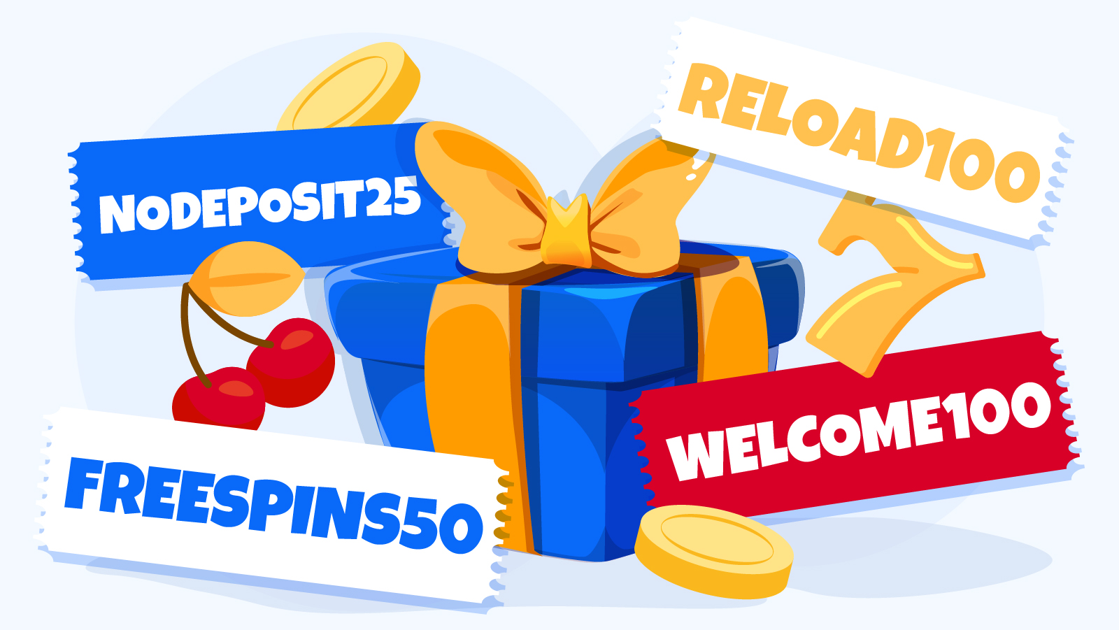 Digital illustration showing various casino bonus codes like WELCOME100 and FREESPINS50 with a laptop screen displaying a casino registration form with a bonus code input field