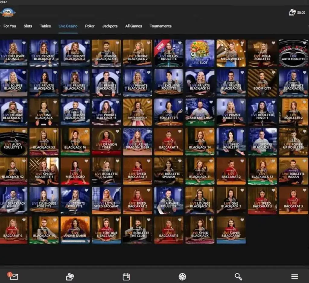 All Slots Casino desktop live dealer games collection screenshot showing roulette, blackjack and baccarat tables in lobby view - tested