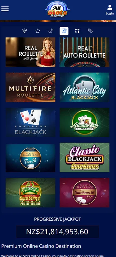 All Slots Casino mobile live dealer games collection screenshot displaying available live tables and categories - tested