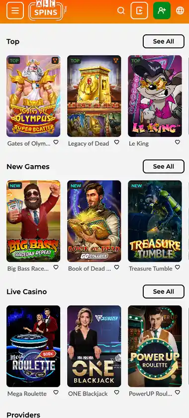 AllSpins Casino mobile homepage screenshot displaying main navigation, featured games and promotional banners - tested