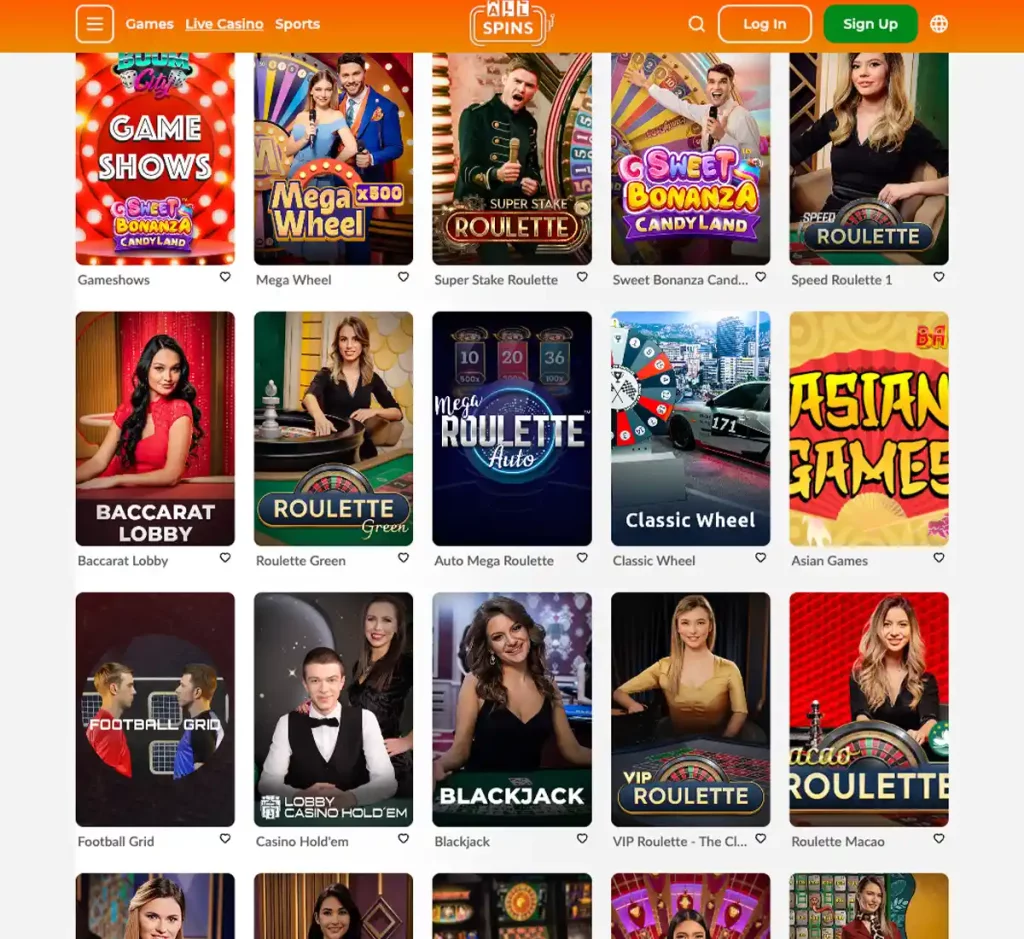 AllSpins Casino desktop live casino games collection screenshot displaying available live tables, dealers and categories - tested