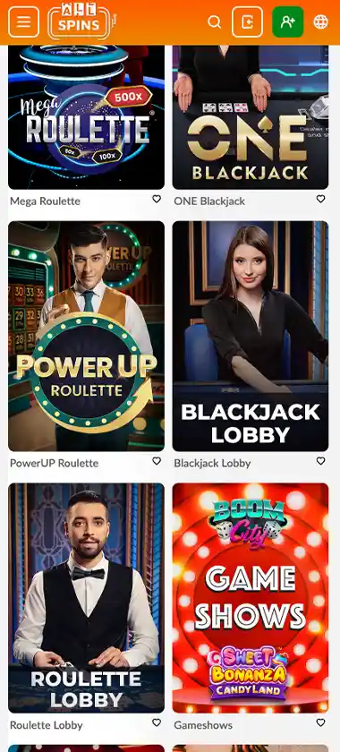 AllSpins Casino mobile live casino games collection screenshot displaying available live tables, dealers and categories - tested
