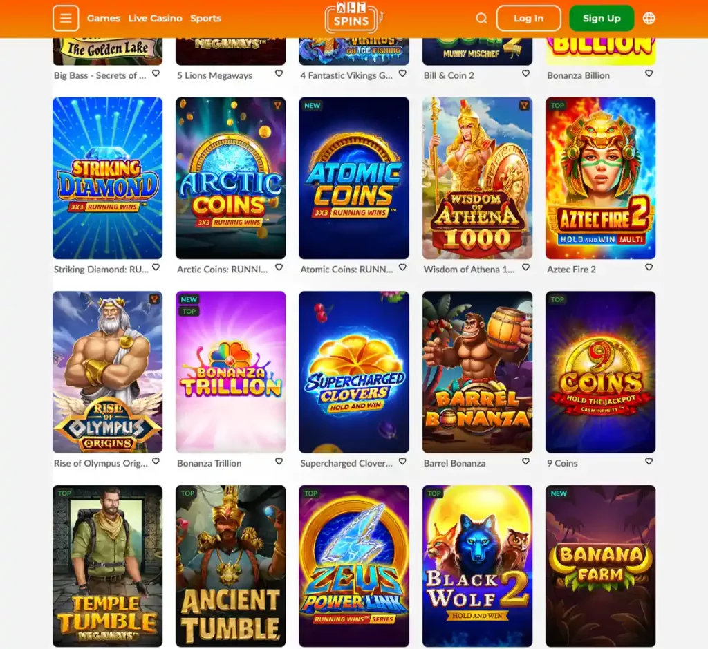 AllSpins Casino desktop slots variety screenshot displaying featured slots, game categories and filtering options - tested