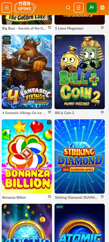 AllSpins Casino mobile slots variety screenshot displaying featured slots, categories and touch-optimized navigation - tested