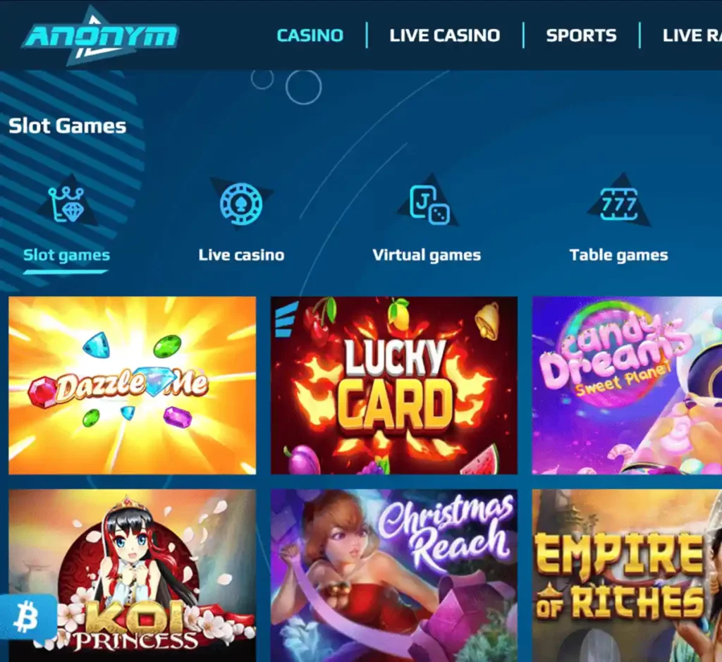 Anonym Bet Casino desktop slots variety screenshot displaying featured slots, game categories and filtering options - tested