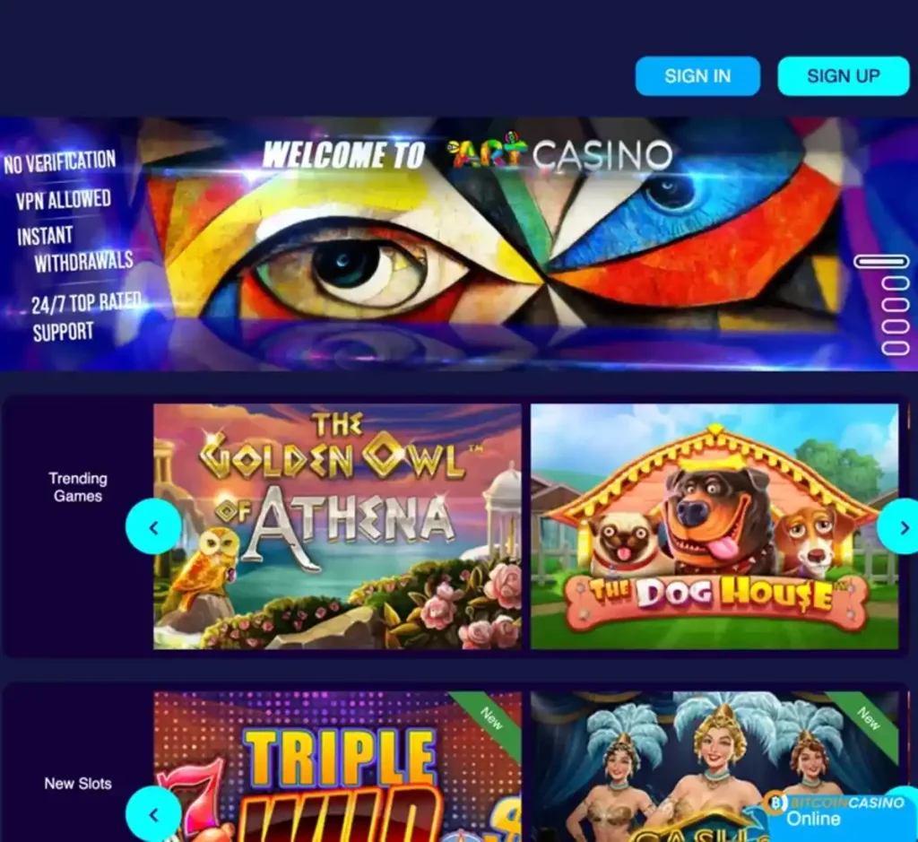 Artcasino desktop home page screenshot showing main navigation, featured games and promotional banners - tested