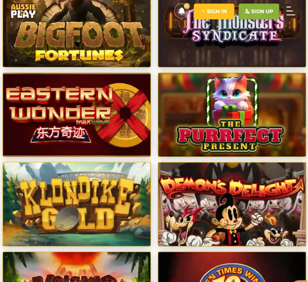 Aussie Play Casino desktop slots screenshot showing slot categories, featured titles and game providers in the casino lobby - tested