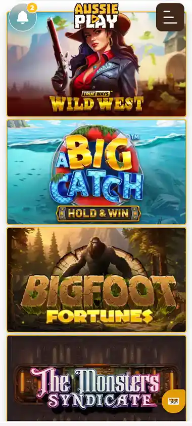 Aussie Play Casino mobile slots screenshot showing slot game thumbnails, categories and featured titles in the mobile game lobby - tested