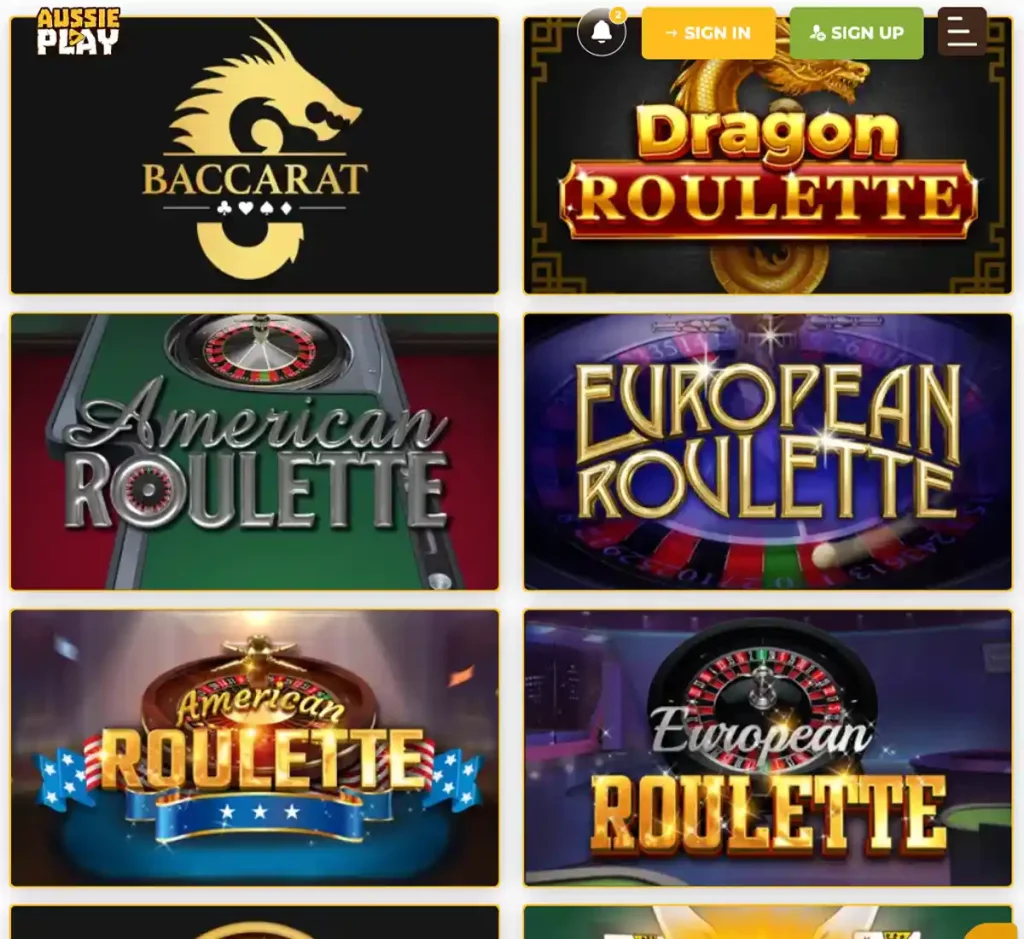 Aussie Play Casino desktop table games screenshot displaying blackjack, roulette and baccarat tables with filters and lobby navigation - tested
