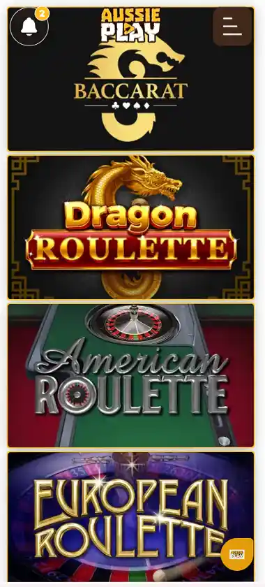Aussie Play Casino mobile table games screenshot showing blackjack, roulette and baccarat thumbnails, betting interface and mobile lobby navigation - tested