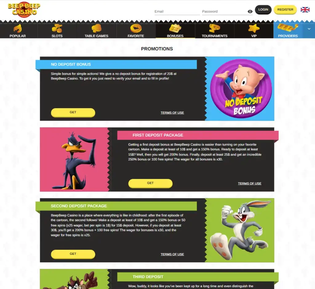 BeepBeep Casino desktop bonuses screenshot showing promotional banners, bonus offers and claim instructions with categories and filter options - tested