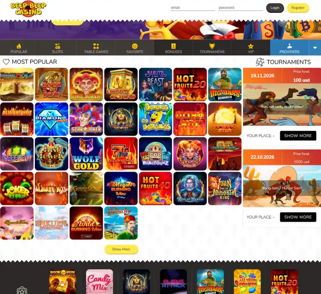 BeepBeep Casino desktop homepage screenshot showing main navigation, featured games and promotional banners - tested