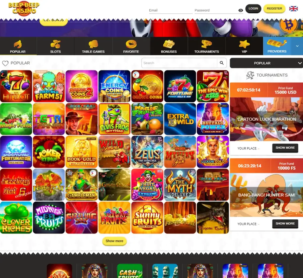 BeepBeep Casino desktop slot screenshot showing multiple slot categories, featured games and provider filters - tested