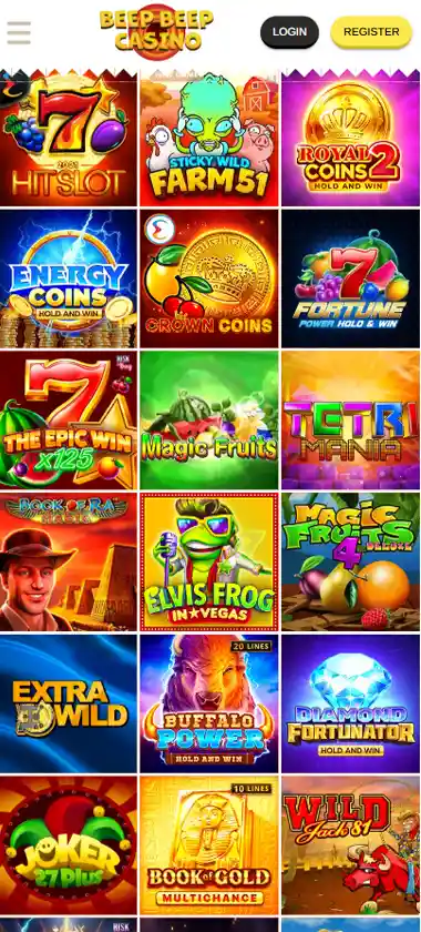 BeepBeep Casino mobile slot screenshot displaying featured slots, categories and touch-optimized navigation - tested
