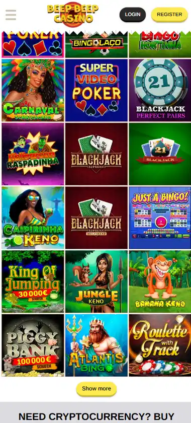 BeepBeep Casino mobile table games collection screenshot displaying various table games, categories and touch-optimized navigation - tested