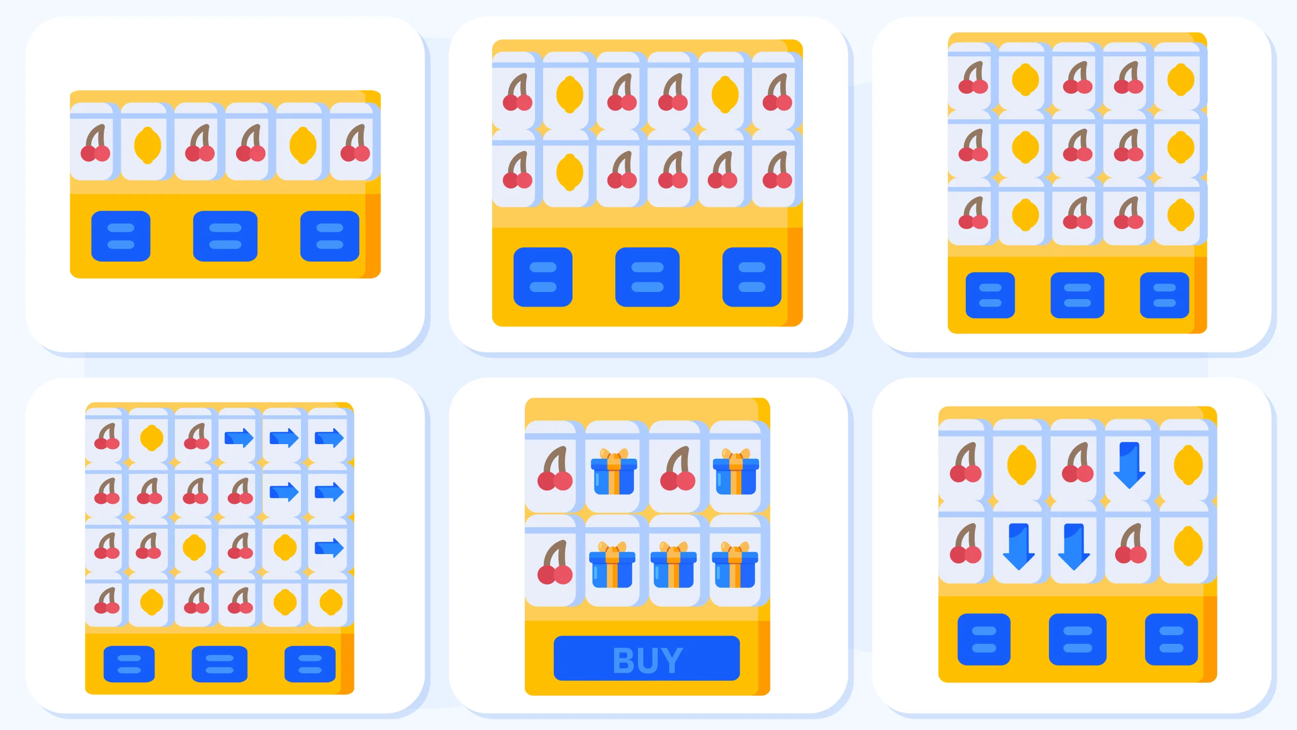 Visual demonstration of innovative slot game mechanics including Megaways dynamic reels showing 117,649 ways to win, cluster pays winning patterns, hold and win respins, infinity reels expansion, and bonus buy feature activation
