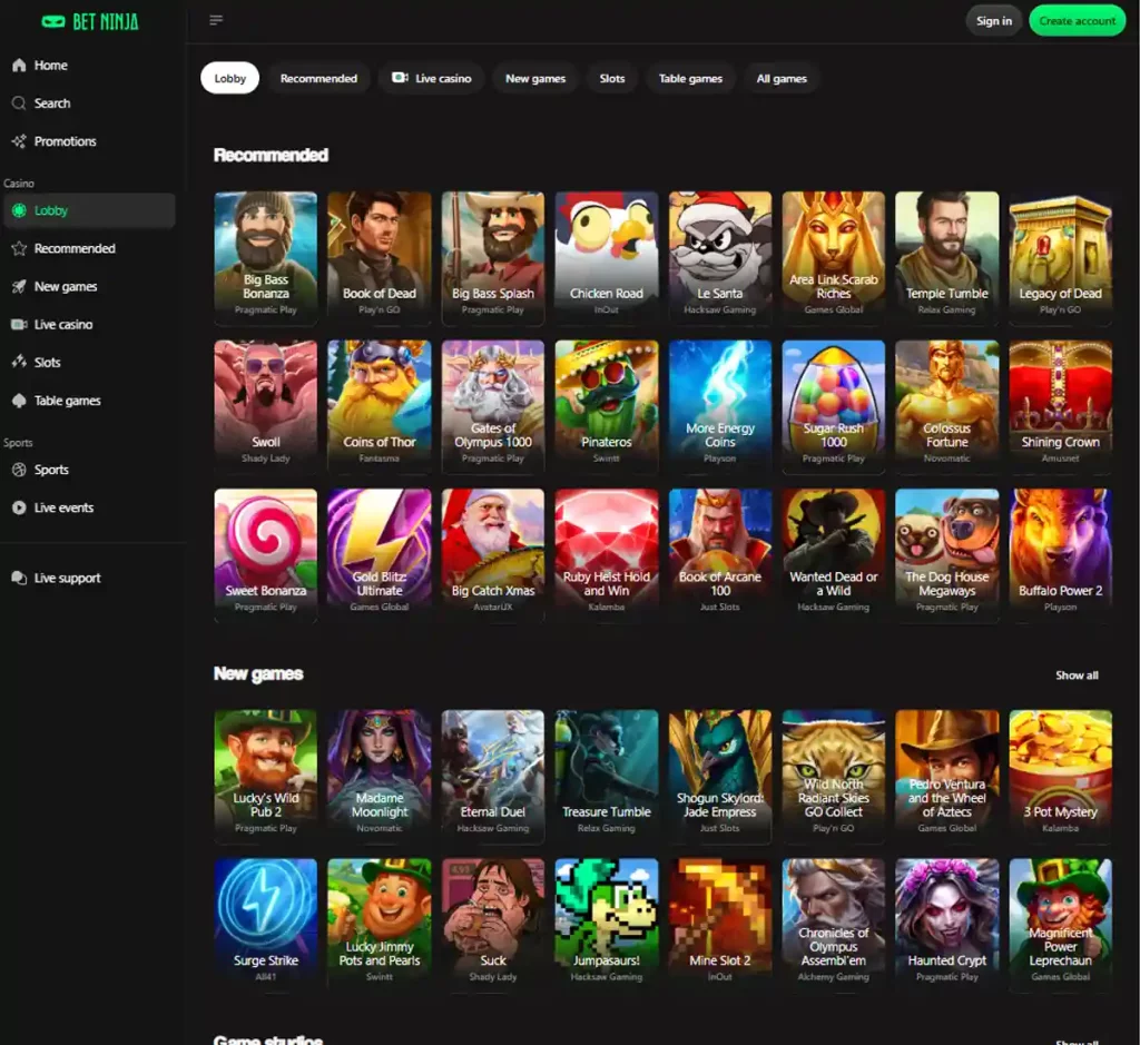 BetNinja Casino desktop casino lobby screenshot showing live lobby, main navigation, featured tables and provider filters - tested