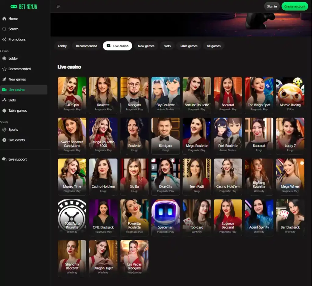 BetNinja Casino desktop live dealer games collection screenshot showing roulette, blackjack and baccarat tables in lobby view with categories and provider filters - tested