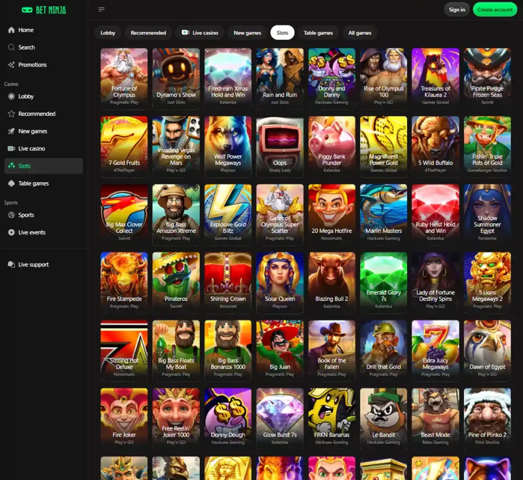 BetNinja Casino desktop slot screenshot showing multiple slot categories, featured games and provider filters - tested