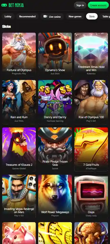 BetNinja Casino mobile slot screenshot displaying featured slots, categories and touch-optimized navigation - tested