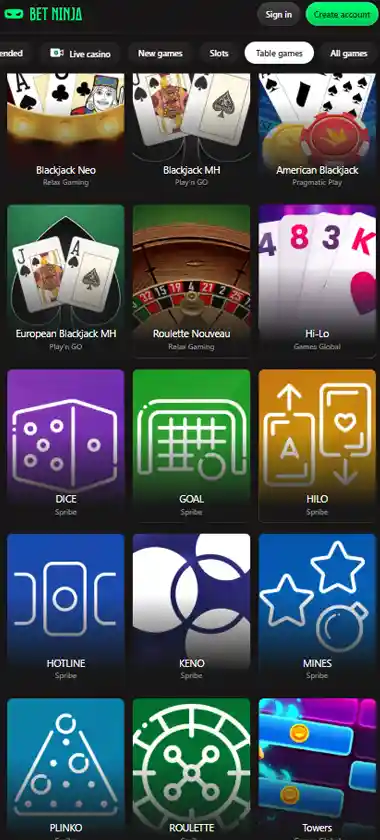 BetNinja Casino mobile table games collection screenshot displaying various table games, categories and touch-optimized navigation - tested