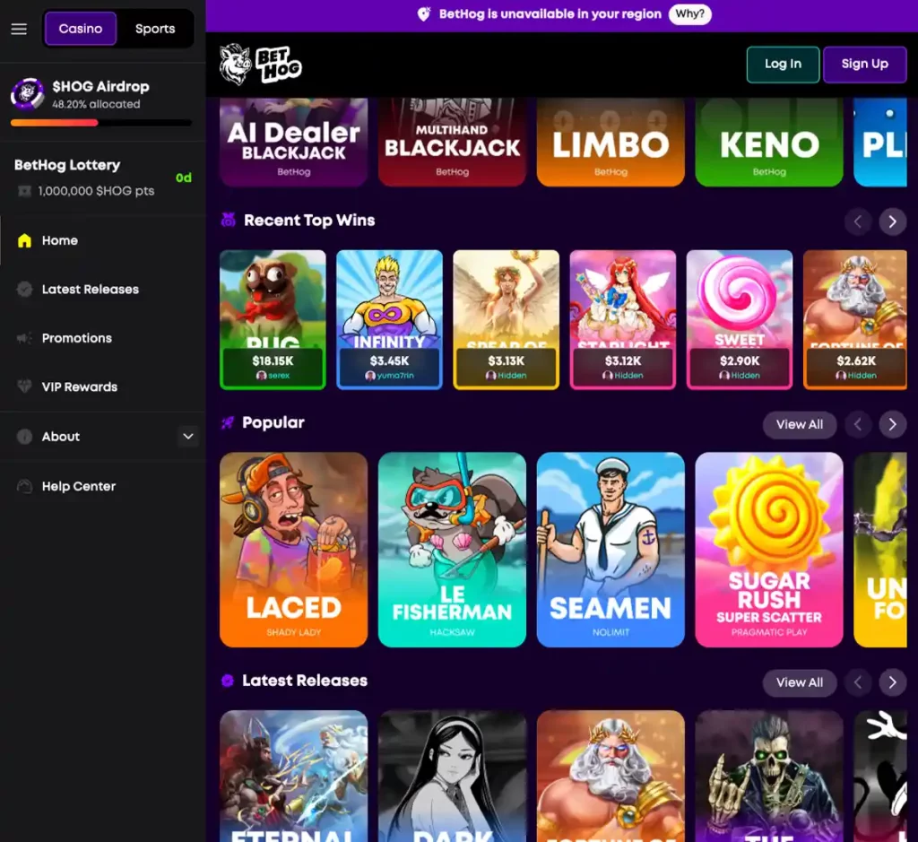 Bethog Casino desktop homepage screenshot displaying main navigation, featured games and promotional banners - tested